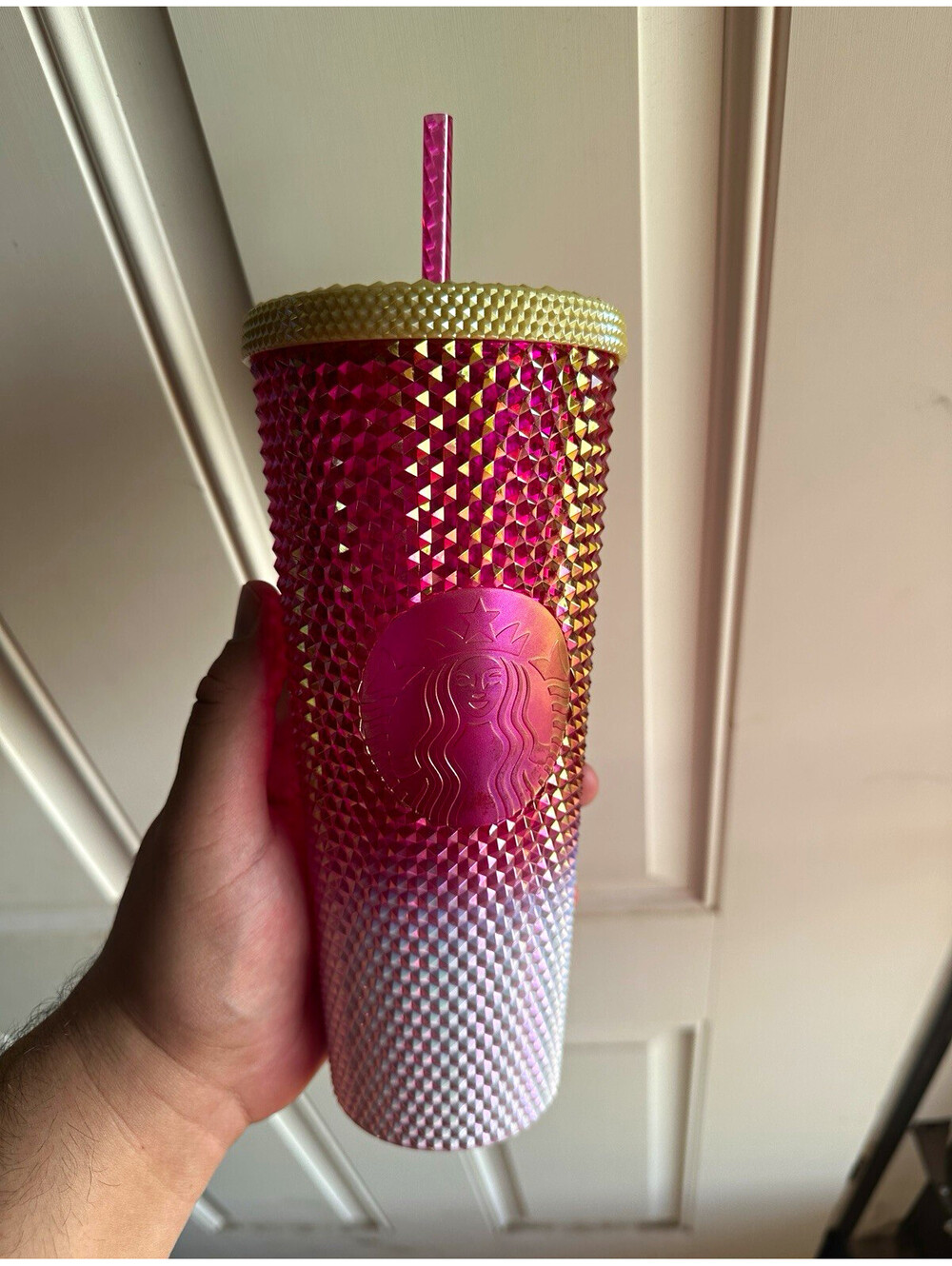 Starbucks 710ml Pink/Gold/White Studded Gradient Cold Cup Tumbler w/ Straw